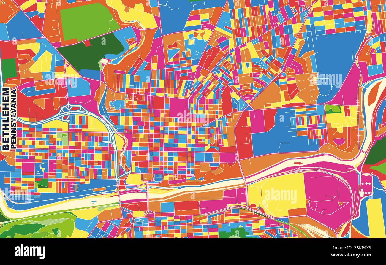 Mappa vettoriale colorata di Betlemme, Pennsylvania, USA. Modello Art Map per autostampare opere d'arte murali in formato orizzontale. Illustrazione Vettoriale