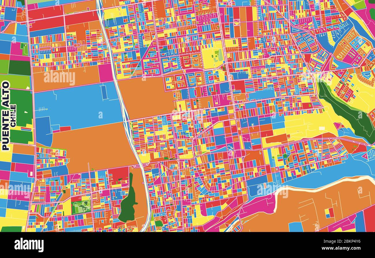 Mappa vettoriale colorata di Puente Alto, Cile. Modello Art Map per autostampare opere d'arte murali in formato orizzontale. Illustrazione Vettoriale
