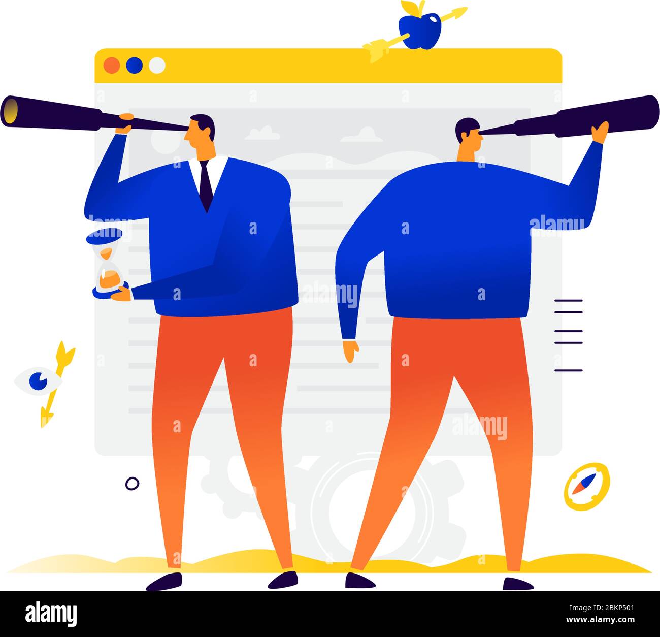 Uomini d'affari alla ricerca di progetti e investimenti. Vettore. Due persone si cercano. Partner e la loro causa comune. Motore di ricerca devel Illustrazione Vettoriale Uomini d'affari alla ricerca di progetti e investimenti. Vettore. Due persone si cercano. Partner e la loro causa comune. Motore di ricerca devel Illustrazione Vettoriale