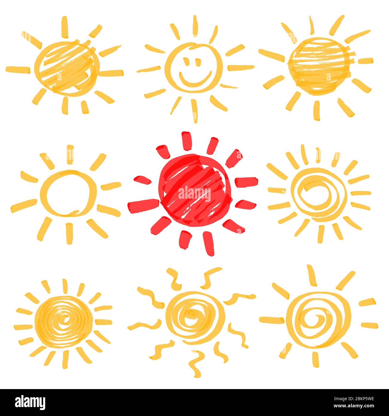 Set di evidenziatori per il sole estivo elementi di design. Simboli del sole disegnati a mano da evidenziatori gialli e rossi. Ottimizzato per cambi di colore semplici. Vettore Illustrazione Vettoriale