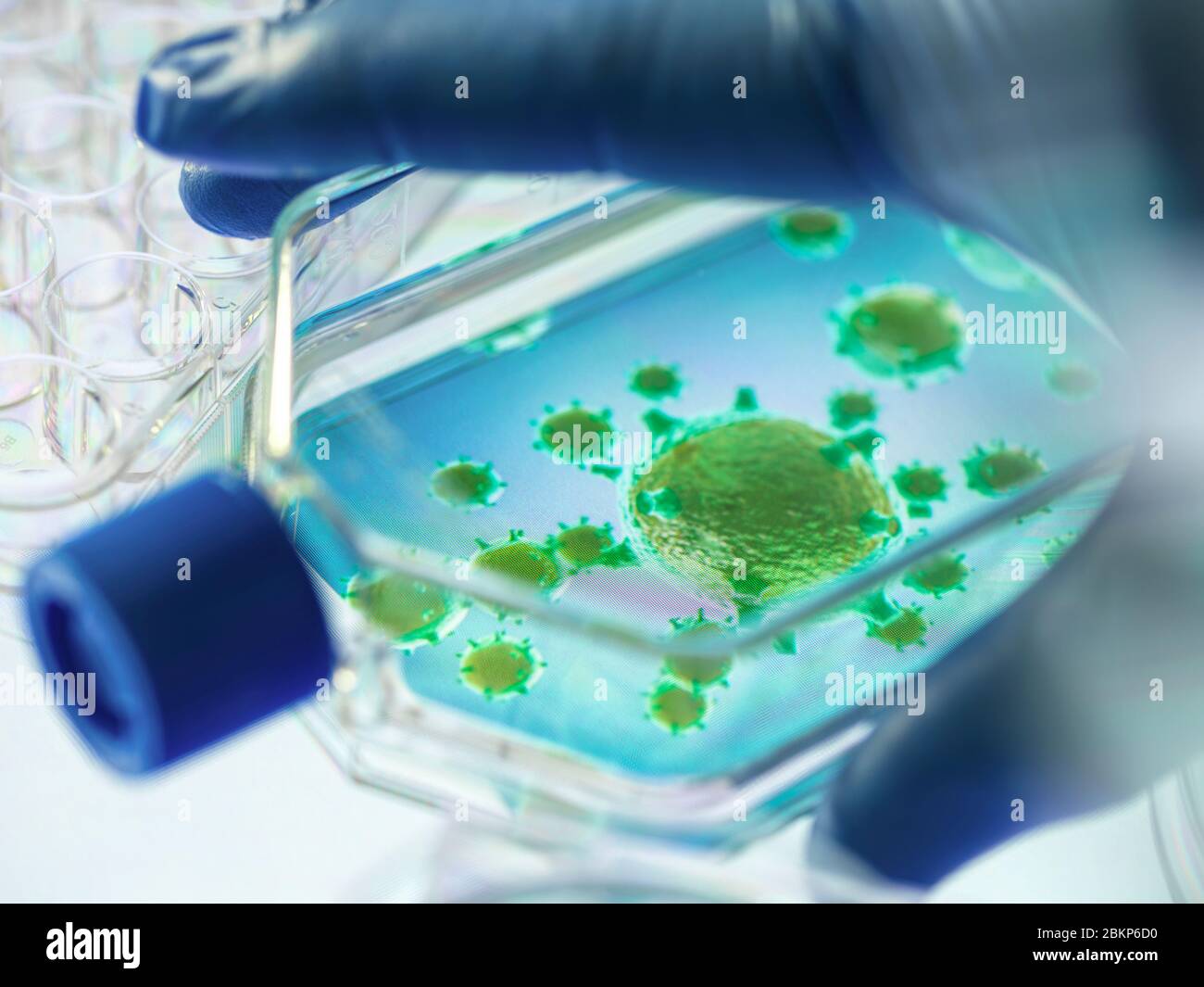 Ricerca farmaceutica su malattie e pandemie. Visualizzazione macro di un'immagine 3D di un virus contenuto in un vaso cellulare tenuto da uno scienziato. Foto Stock