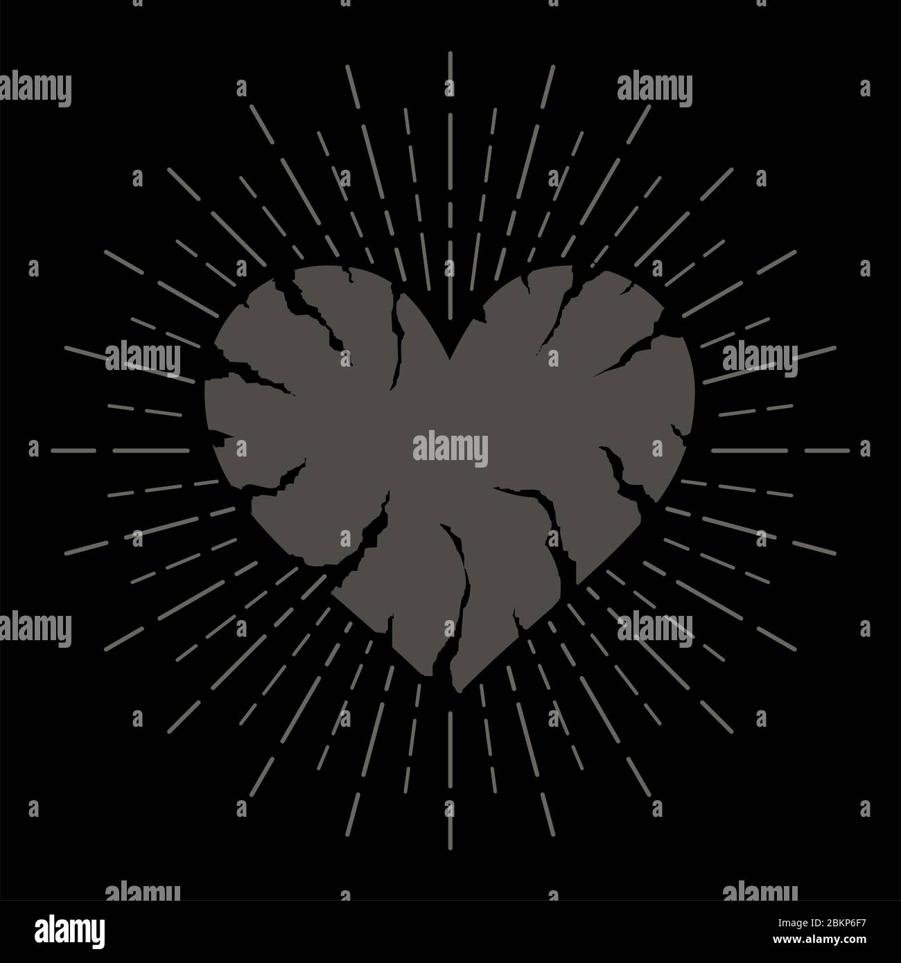 Icona del cuore crepato con raggi radiali isolati su sfondo nero. Forma del cuore con crepe e bordi sfilacciati. Simbolo di amore infelice o experi emotivo Illustrazione Vettoriale