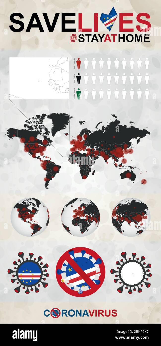 Infografica su Coronavirus a Capo Verde - soggiorno a casa, salvare vite. Bandiera e mappa del Capo Verde, Mappa del mondo con casi COVID-19. Illustrazione Vettoriale