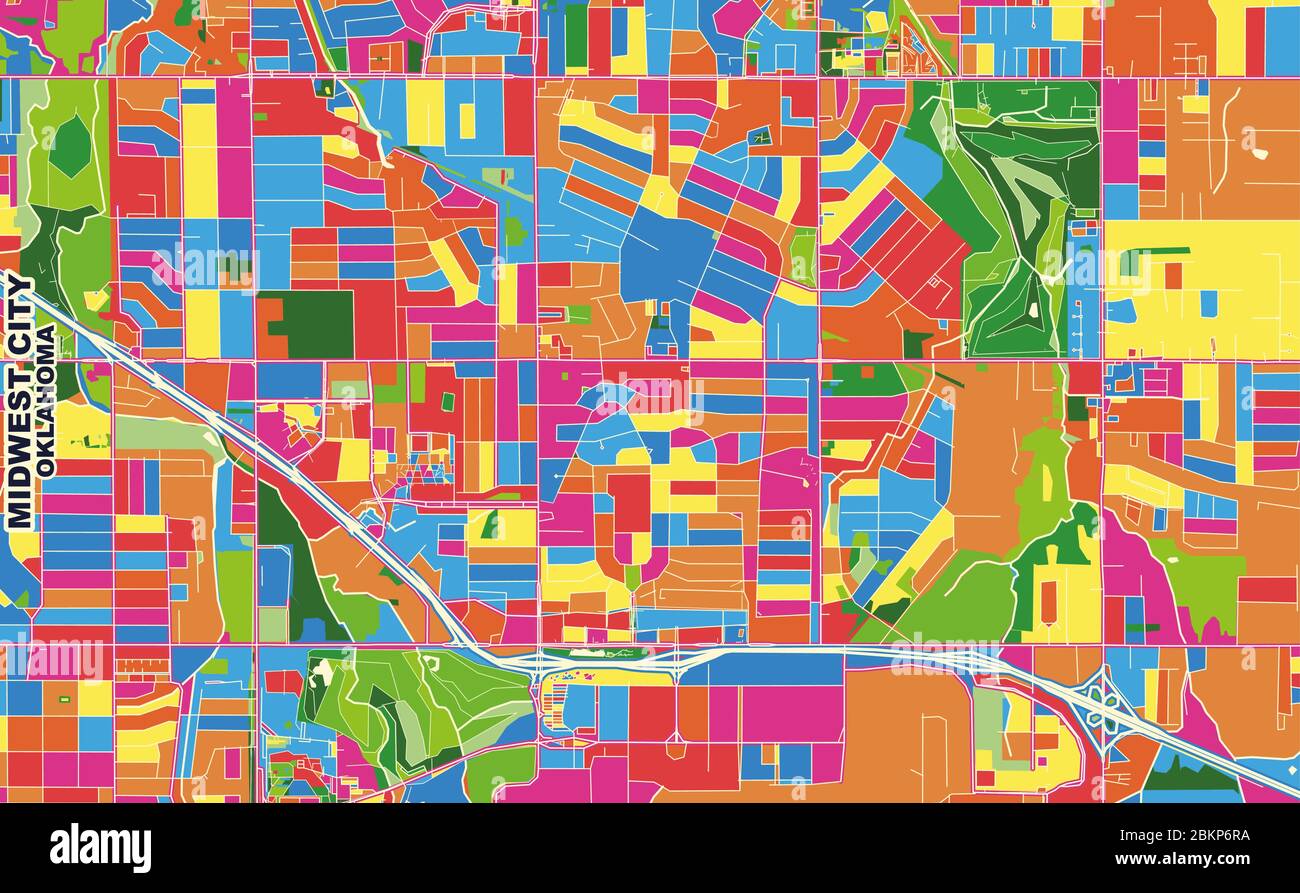 Mappa vettoriale colorata di Midwest City, Oklahoma, Stati Uniti. Modello Art Map per autostampare opere d'arte murali in formato orizzontale. Illustrazione Vettoriale