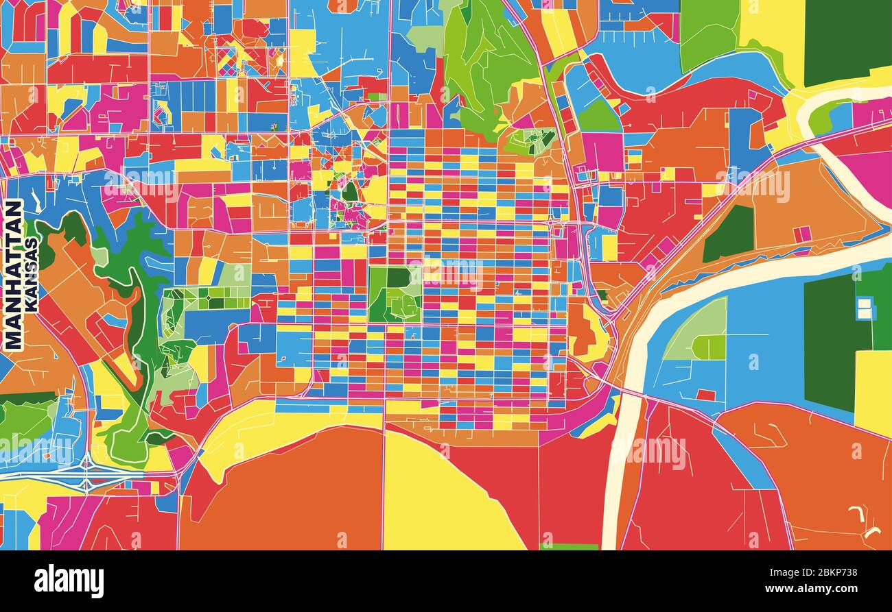 Mappa vettoriale colorata di Manhattan, Kansas, USA. Modello Art Map per autostampare opere d'arte murali in formato orizzontale. Illustrazione Vettoriale