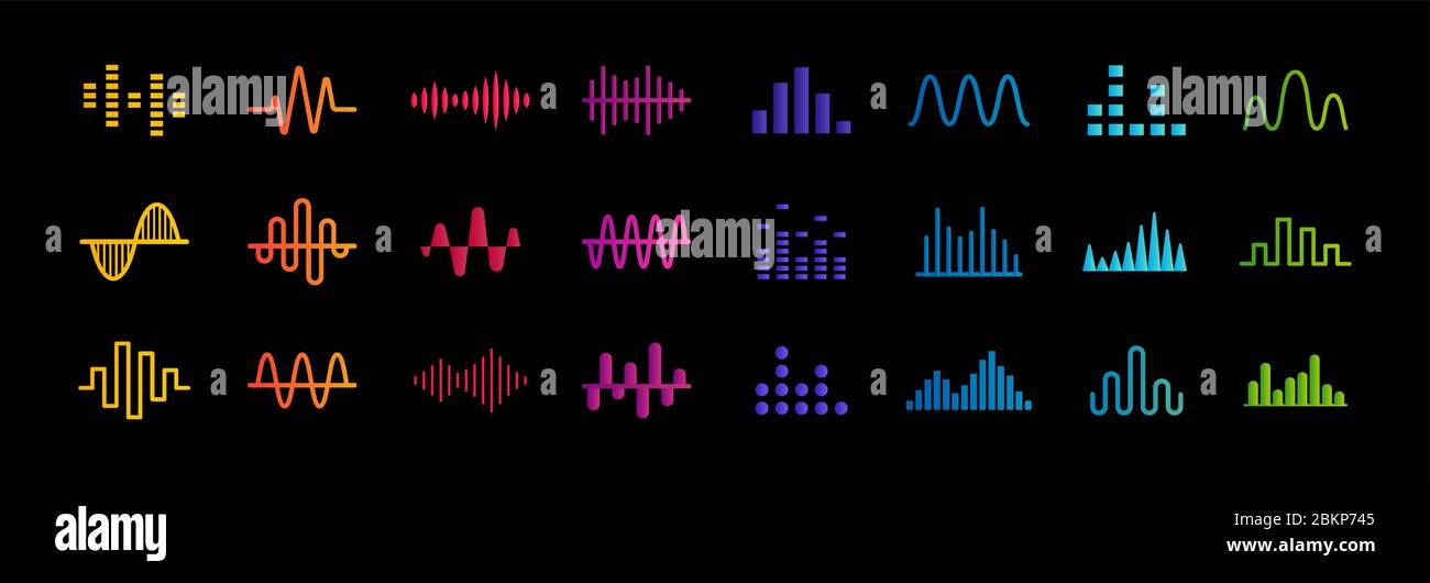 Set di icone dell'equalizzatore musicale, linee delle onde sonore, raccolta di simboli di frequenza e grafico a barre, segnale medico del polso cardiaco, illustrazione vettoriale Illustrazione Vettoriale