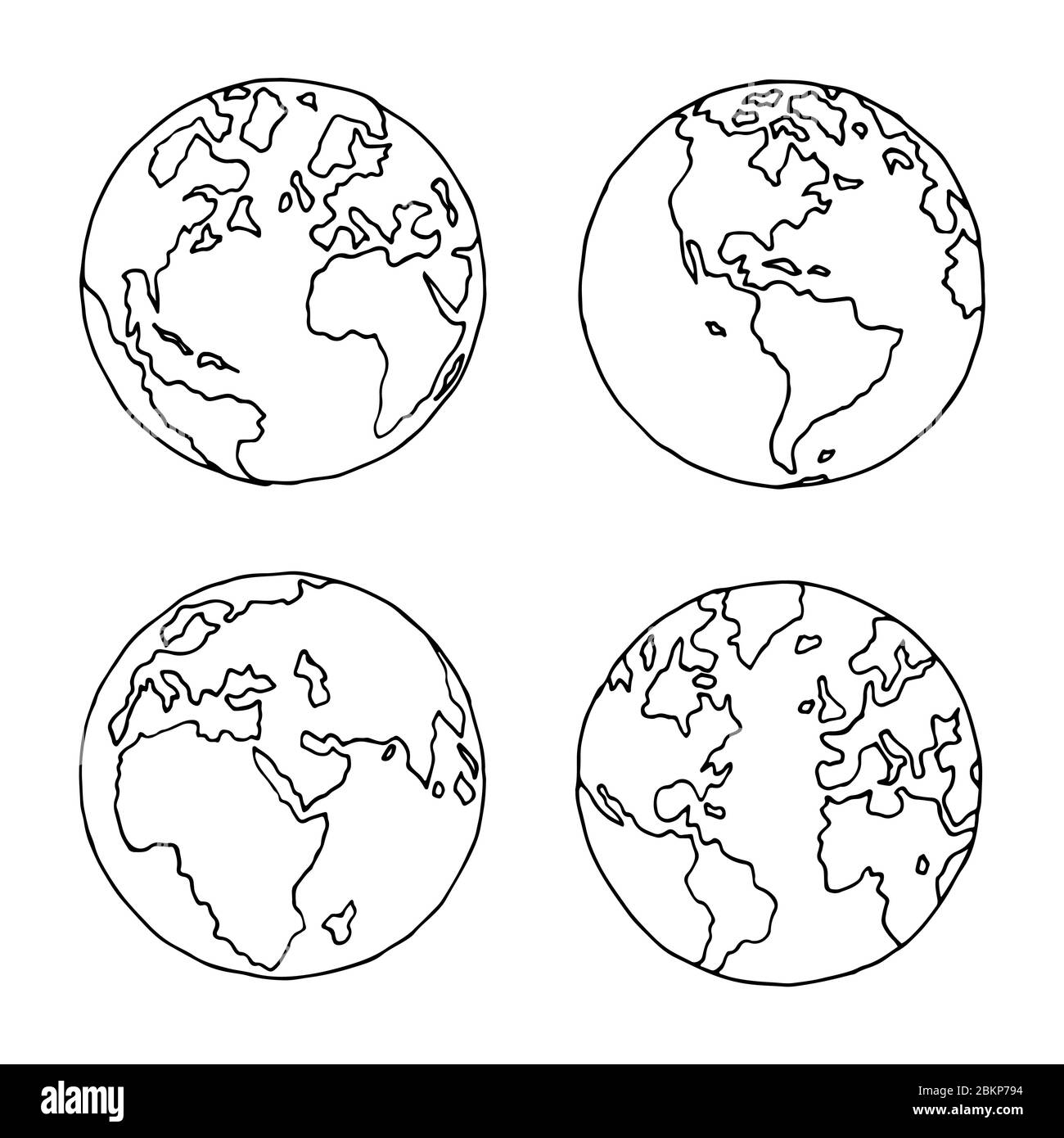Globo disegnato a mano in quattro proiezioni. Emisferi occidentali e orientali, nord e sud. Non esattamente disegno di contorno di precisione della mappa del mondo in nero e Illustrazione Vettoriale