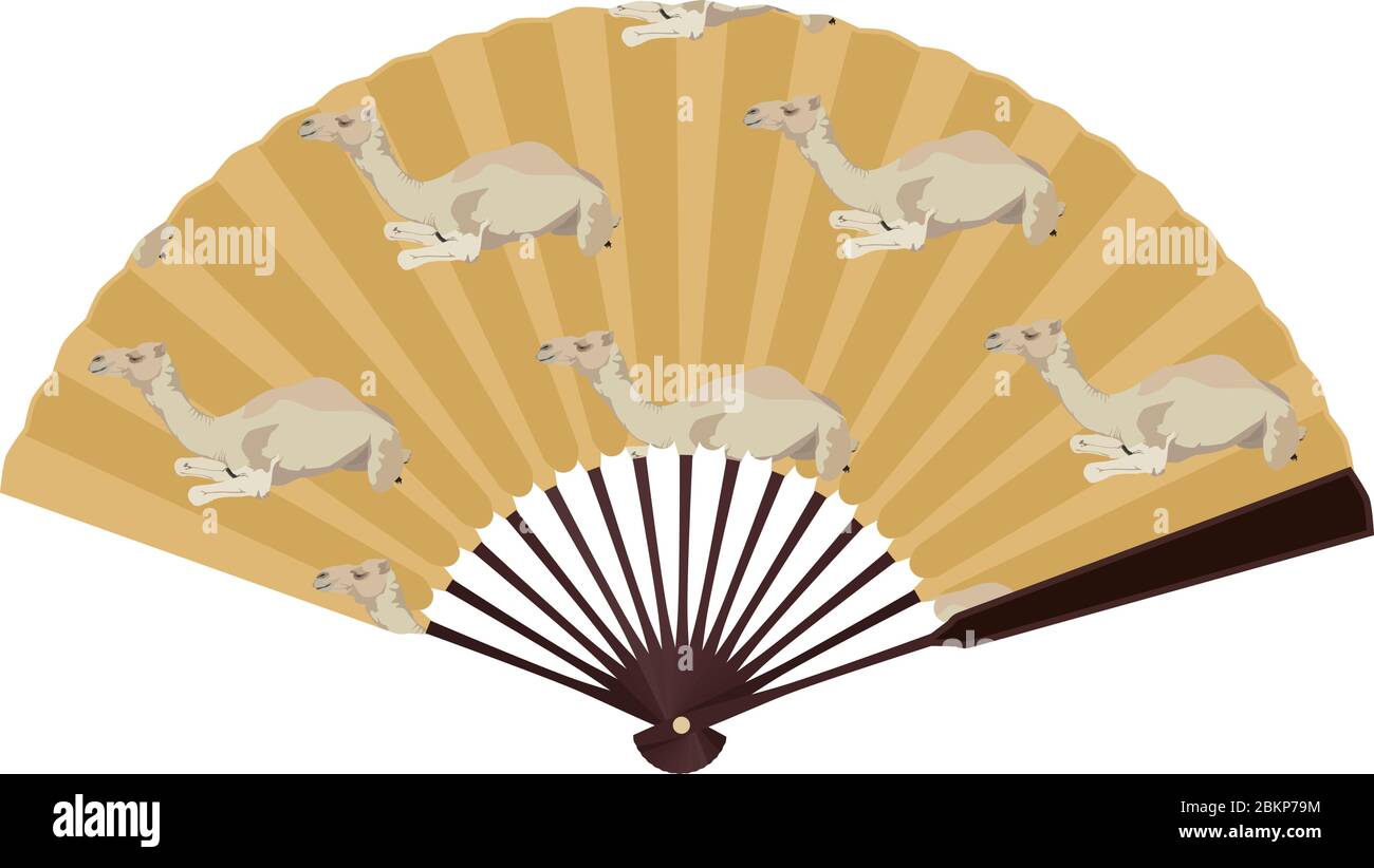 Ventilatore a mano decorativo con cammelli arabi, illustrazione isolata vettoriale Illustrazione Vettoriale