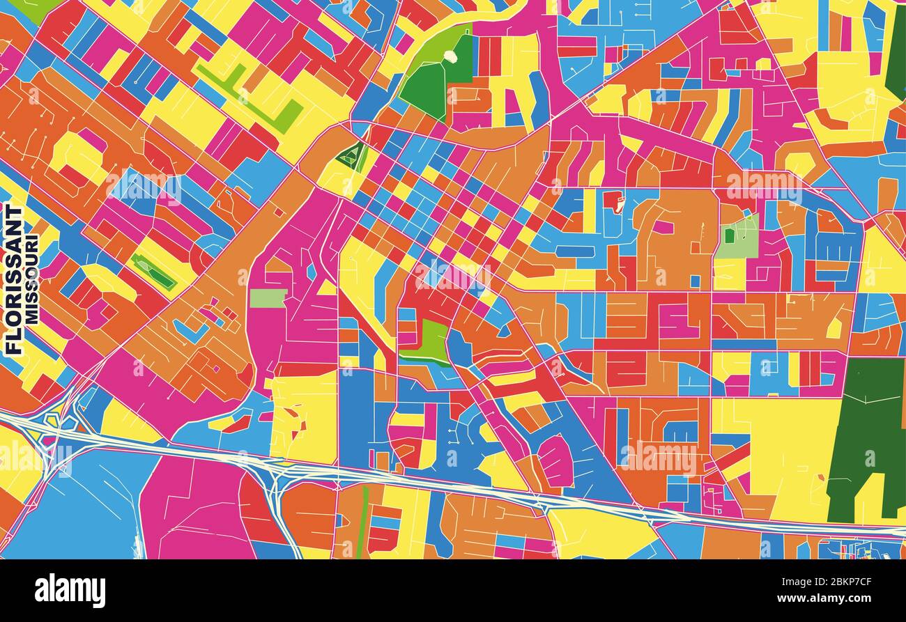 Mappa vettoriale colorata di Florissant, Missouri, Stati Uniti d'America. Modello Art Map per autostampare opere d'arte murali in formato orizzontale. Illustrazione Vettoriale