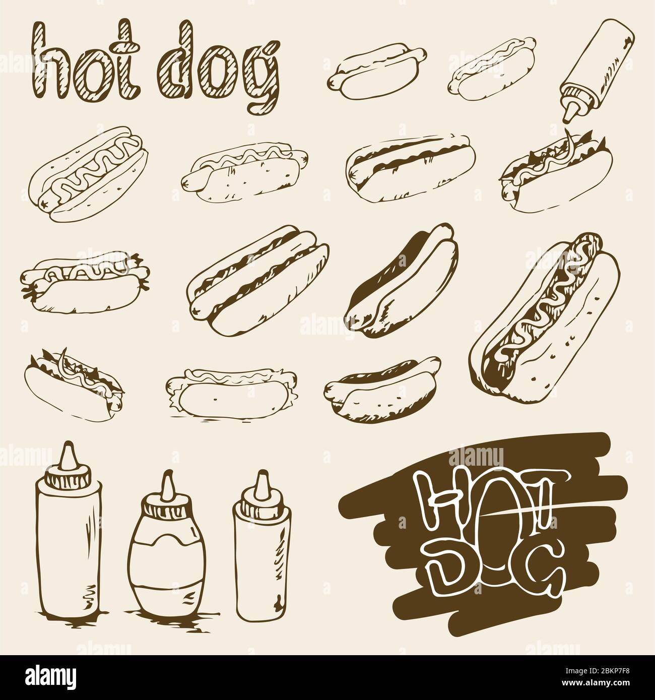 Set di illustrazioni disegnate a mano con hot dog. Elementi di progettazione fast food, schizzi di hotdog, bottiglie con salsa, maionese e hotdog etichette scritte a mano Illustrazione Vettoriale