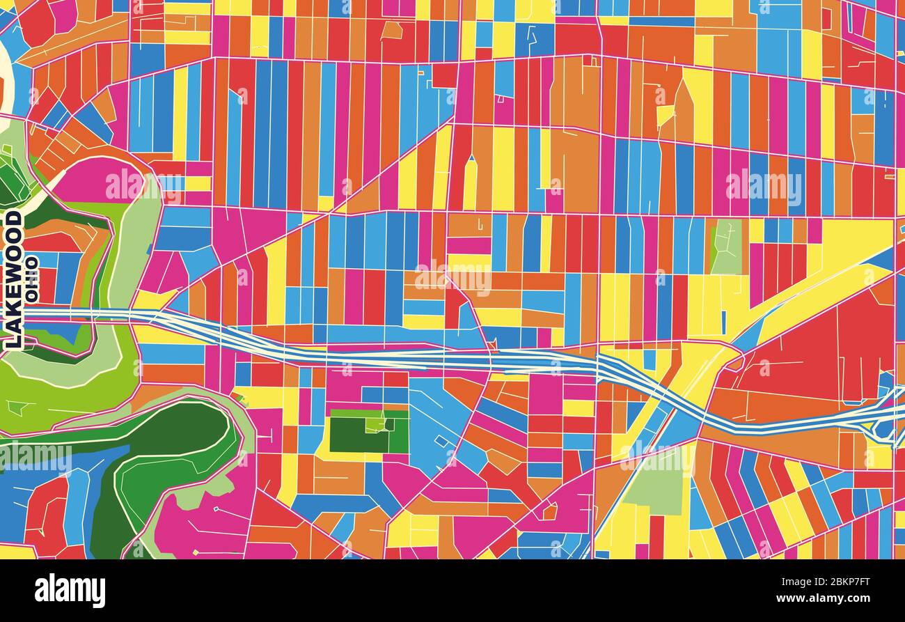 Mappa vettoriale colorata di Lakewood, Ohio, Stati Uniti d'America. Modello Art Map per autostampare opere d'arte murali in formato orizzontale. Illustrazione Vettoriale