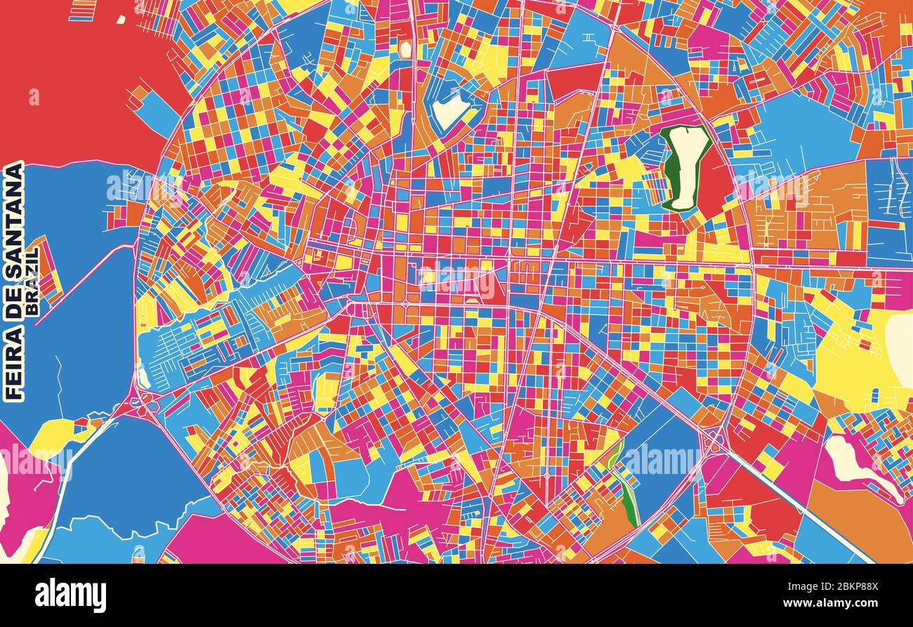 Mappa vettoriale colorata di Feira de Santana, Brasile. Modello Art Map per autostampare opere d'arte murali in formato orizzontale. Illustrazione Vettoriale