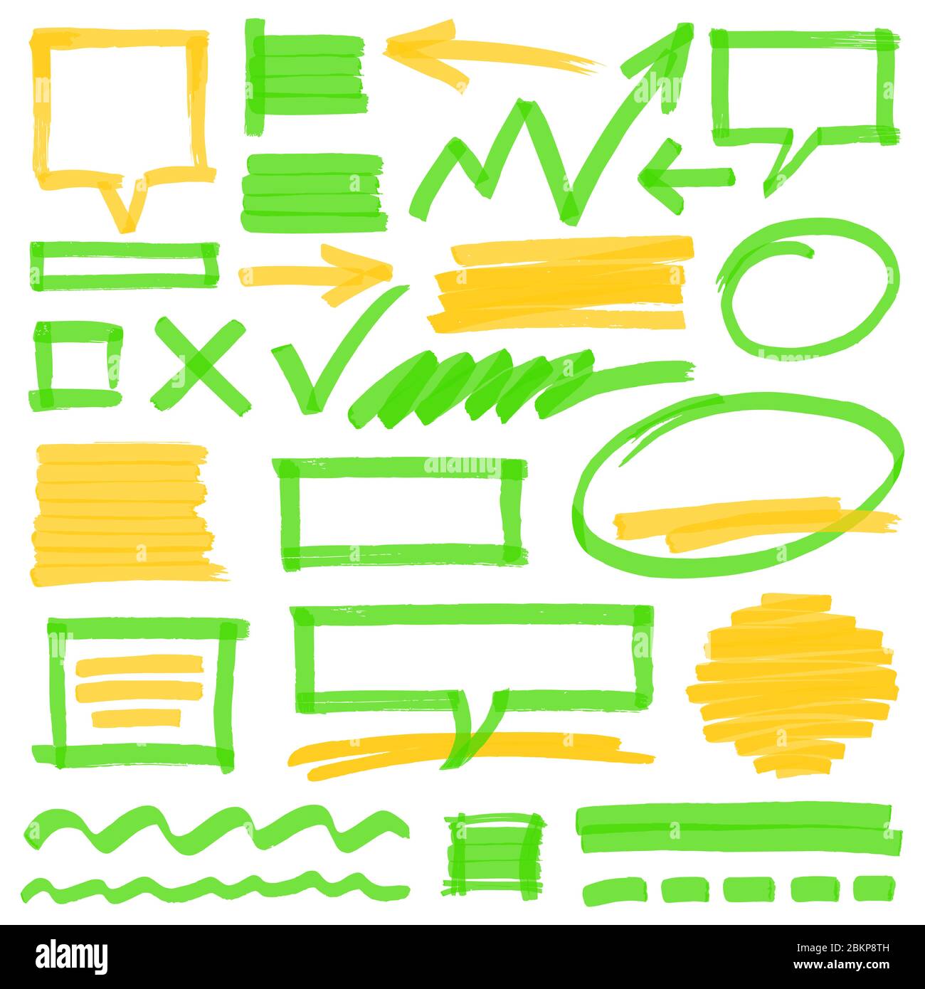Set di elementi di design dell'evidenziatore colorato disegnati a mano, segni, strisce e tratti, bolle vocali e frecce. Può essere utilizzato per evidenziare il testo, contrassegnare Illustrazione Vettoriale