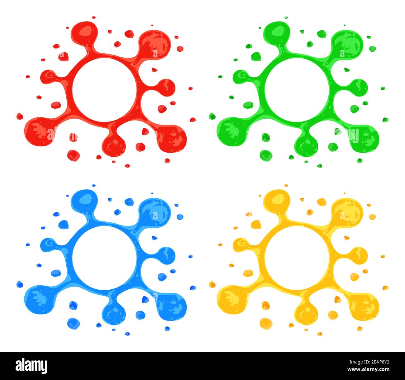 Blot stilizzati con schizzi. Mano disegnata da blot evidenziatore. Simboli di blot in rosso, verde, blu e giallo isolati su sfondo bianco. Illustrazione Vettoriale