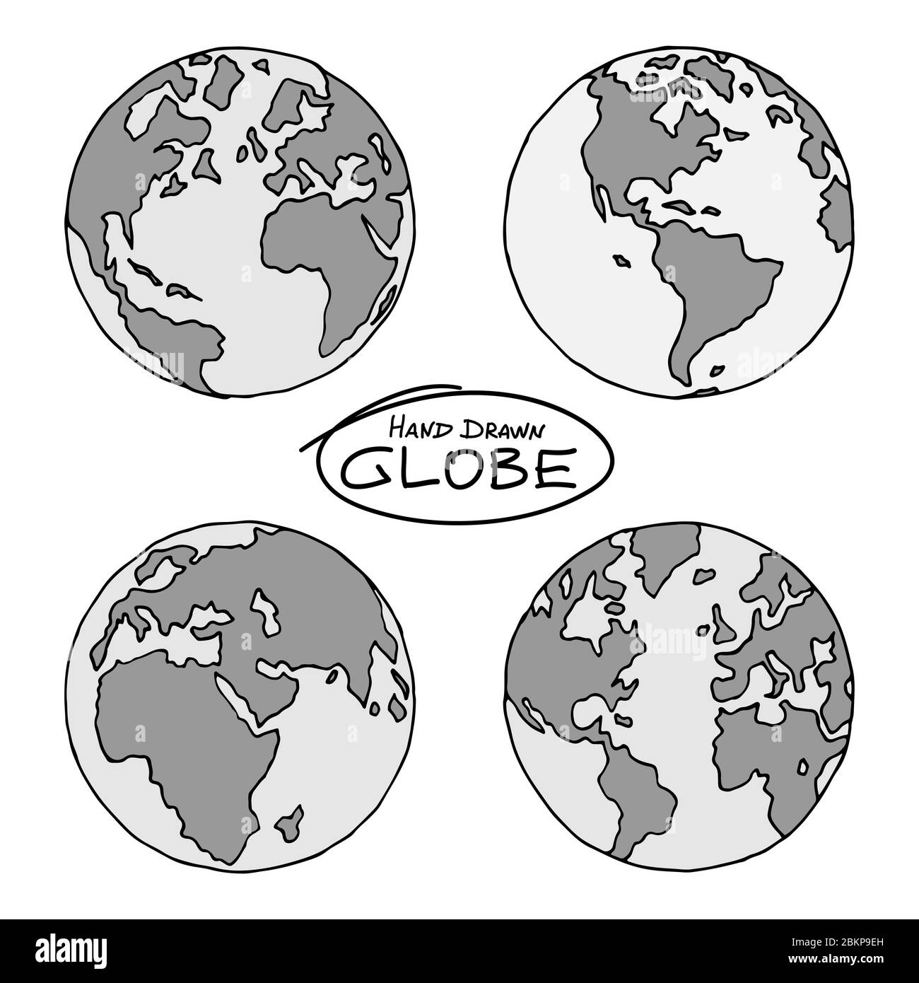 Globo disegnato a mano in quattro proiezioni. Emisferi occidentali e orientali, nord e sud. Non esattamente disegno di contorno di precisione della mappa del mondo in nero e Illustrazione Vettoriale