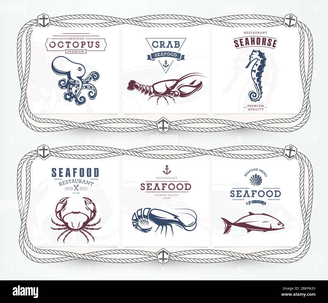 Piatto, menu, tavola con telaio di corda e ancoraggi. Modelli con logo con animali marini. Concetto di ristoranti di pesce. Grafica vettoriale isolata Illustrazione Vettoriale