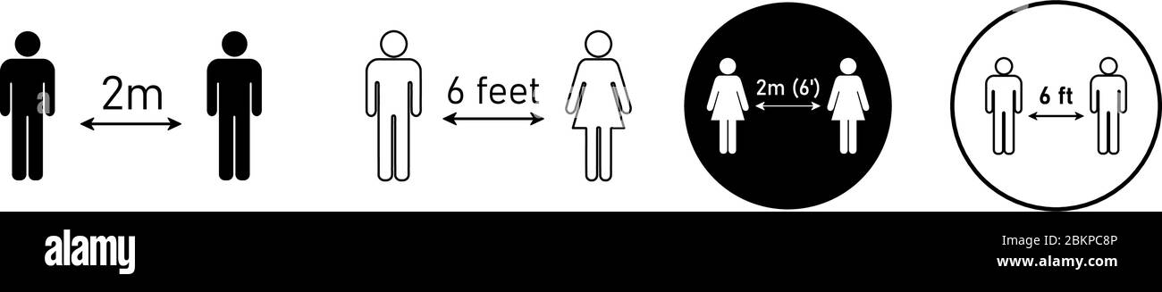 Gruppo di icone di distanza sociale. Semplice uomo o donna silhouette bianche e nere con freccia distanza tra. Può essere usato durante il coronavirus covid-19 o Illustrazione Vettoriale