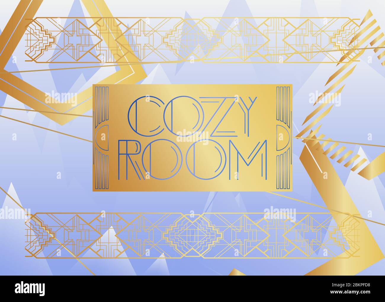 Art Deco Cosy Room text. Biglietto di auguri decorativo, cartello con lettere d'epoca. Illustrazione Vettoriale