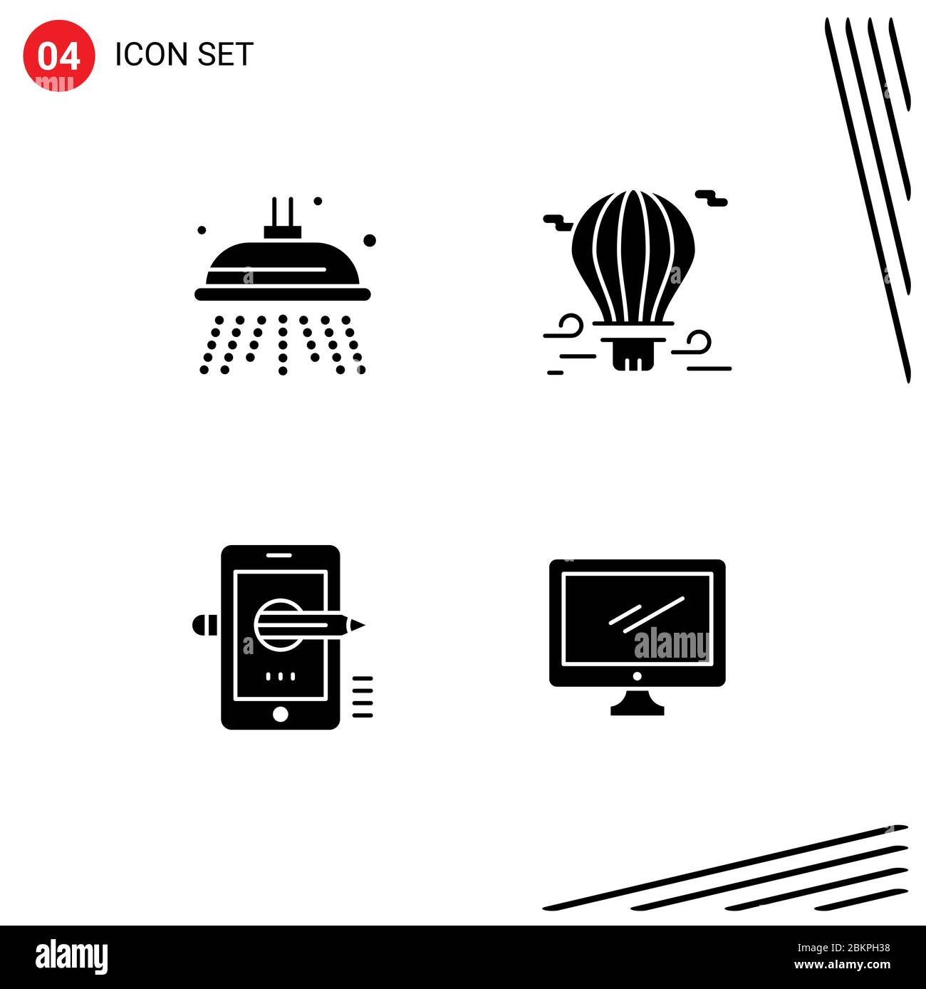 4 Solid Glyph Concept per siti Web Mobile e applicazioni acqua, mobile, palloncino, aeroplanatura, disegno elementi di progettazione vettoriale editabili Illustrazione Vettoriale