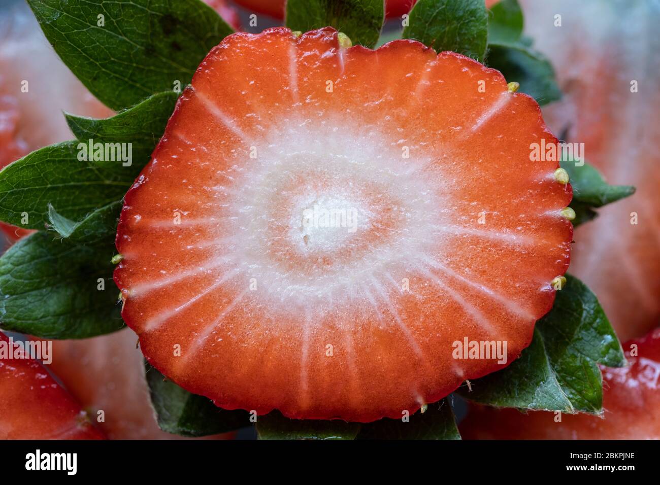 Un primo piano di succulente fragole succose a fette e pronte per mangiare. Foto Stock