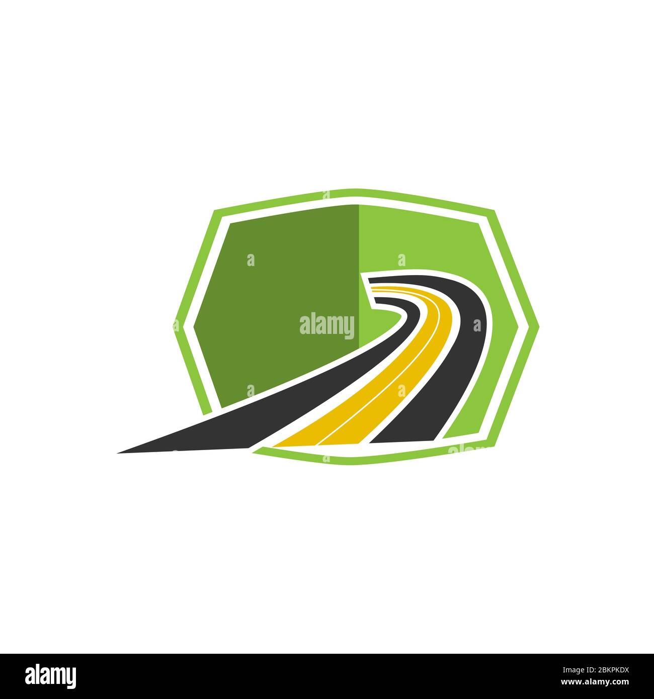 Vettore logo asfalto, modello di design logo pavimentazione. Costruzione icona vettoriale idea con autostrada in spazi negativi. Tema trasporti e traffico. Illustrazione Vettoriale