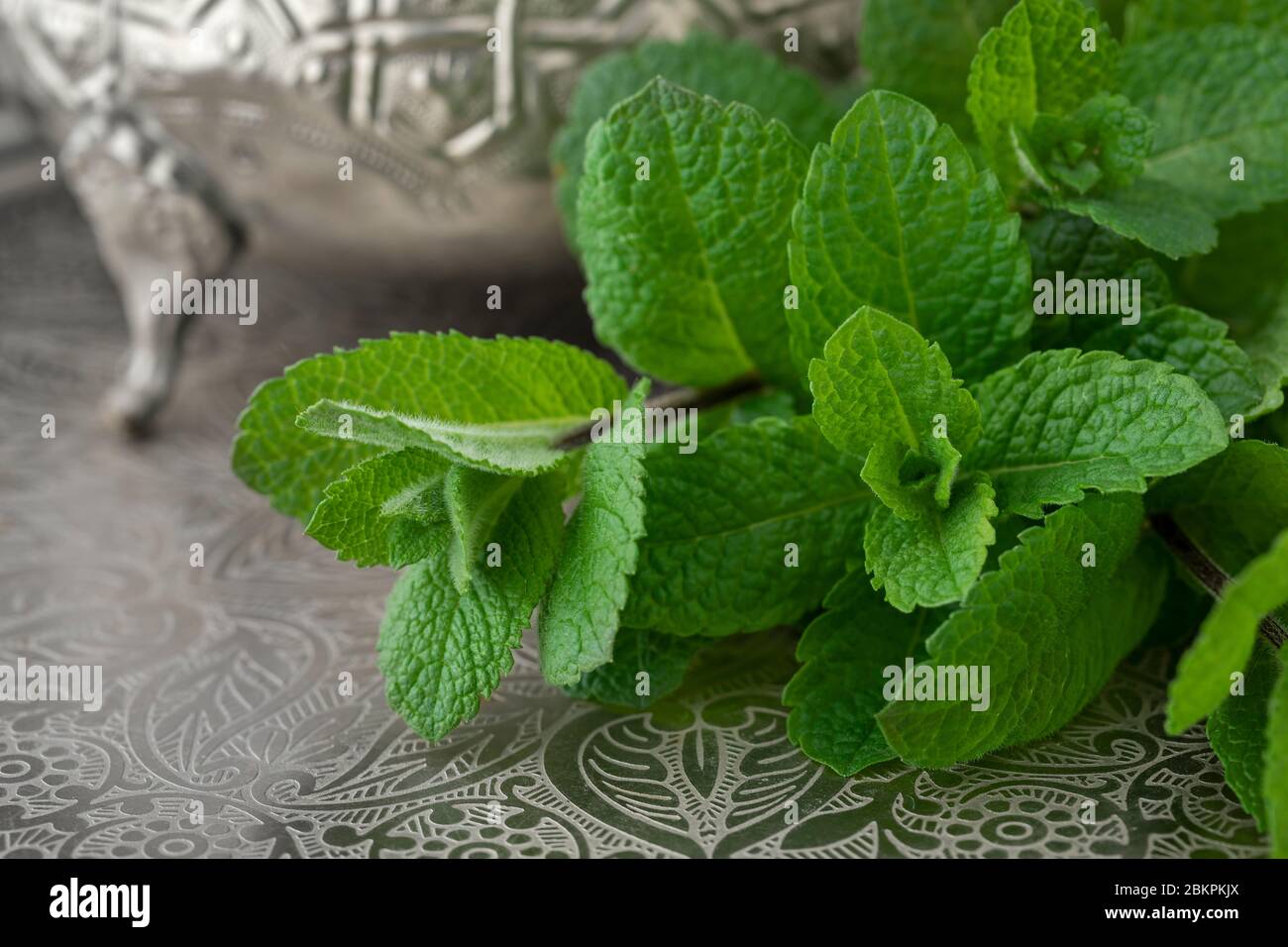 Un rametto di menta fresca si avvicina con una teiera marocchina sullo sfondo Foto Stock