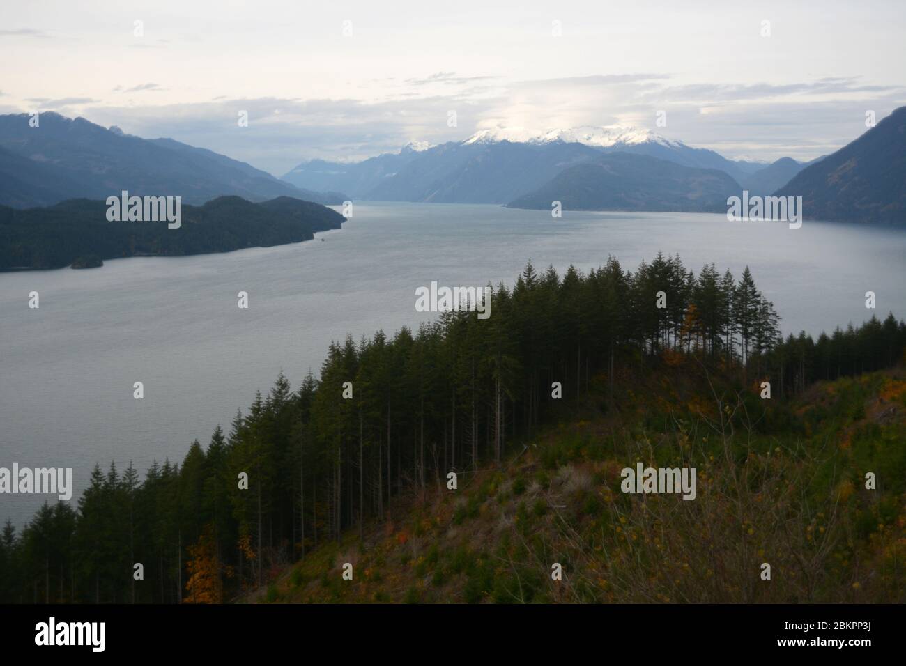 Harrison Lake e le Cime della Costa Mountain del Monte Breakenridge della catena Lillooet, vicino a Harrison Hot Springs, British Columbia, Canada. Foto Stock