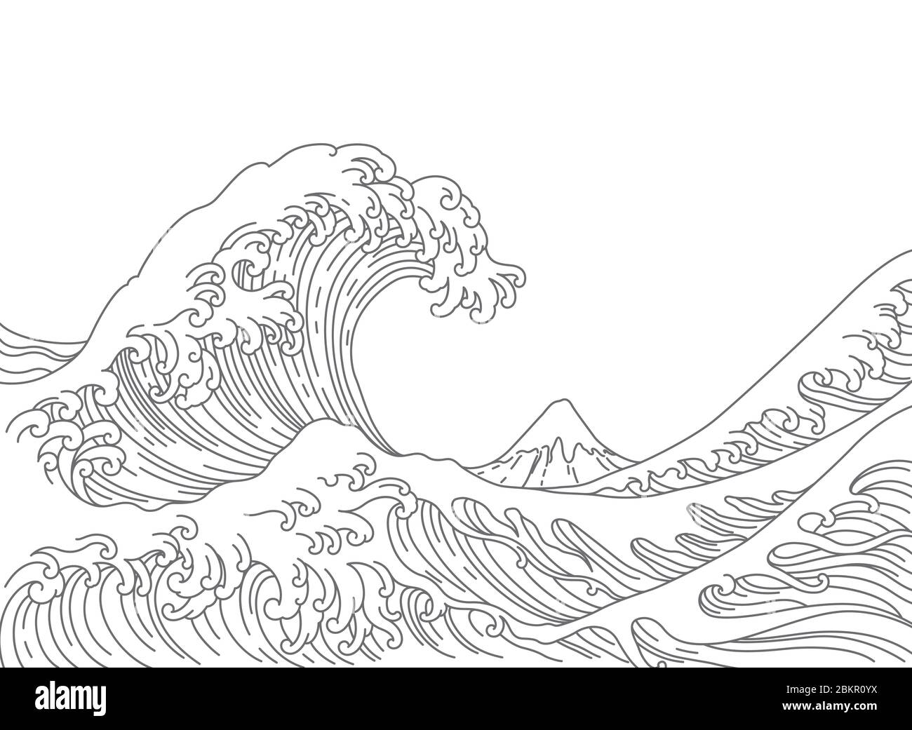 Grande onda asiatica dell'oceano e illustrazione della montagna. Isolato su sfondo bianco. Oceano di Kanagawa.corsa a linea singola.-vettore. Illustrazione Vettoriale