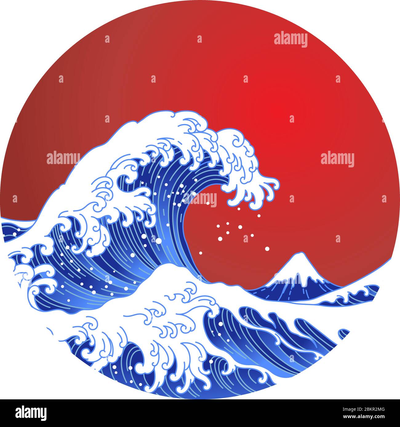 Grande onda asiatica dell'oceano, sole rosso e illustrazione della montagna. Oceano di Kanagawa. Isolato su sfondo rosso del sole. Illustrazione Vettoriale