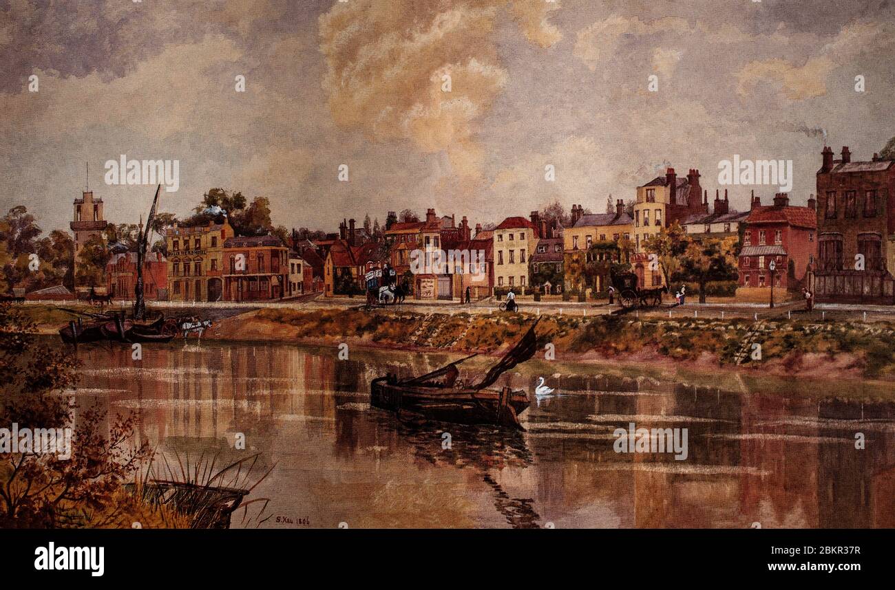 Acquerello della vista lungo la Terrazza a Barnes, la città di Londra, Inghilterra, dove Gustav Holst e la sua famiglia si trasferirono. Dipinto da The Thames da S Key nel 1896. Foto Stock