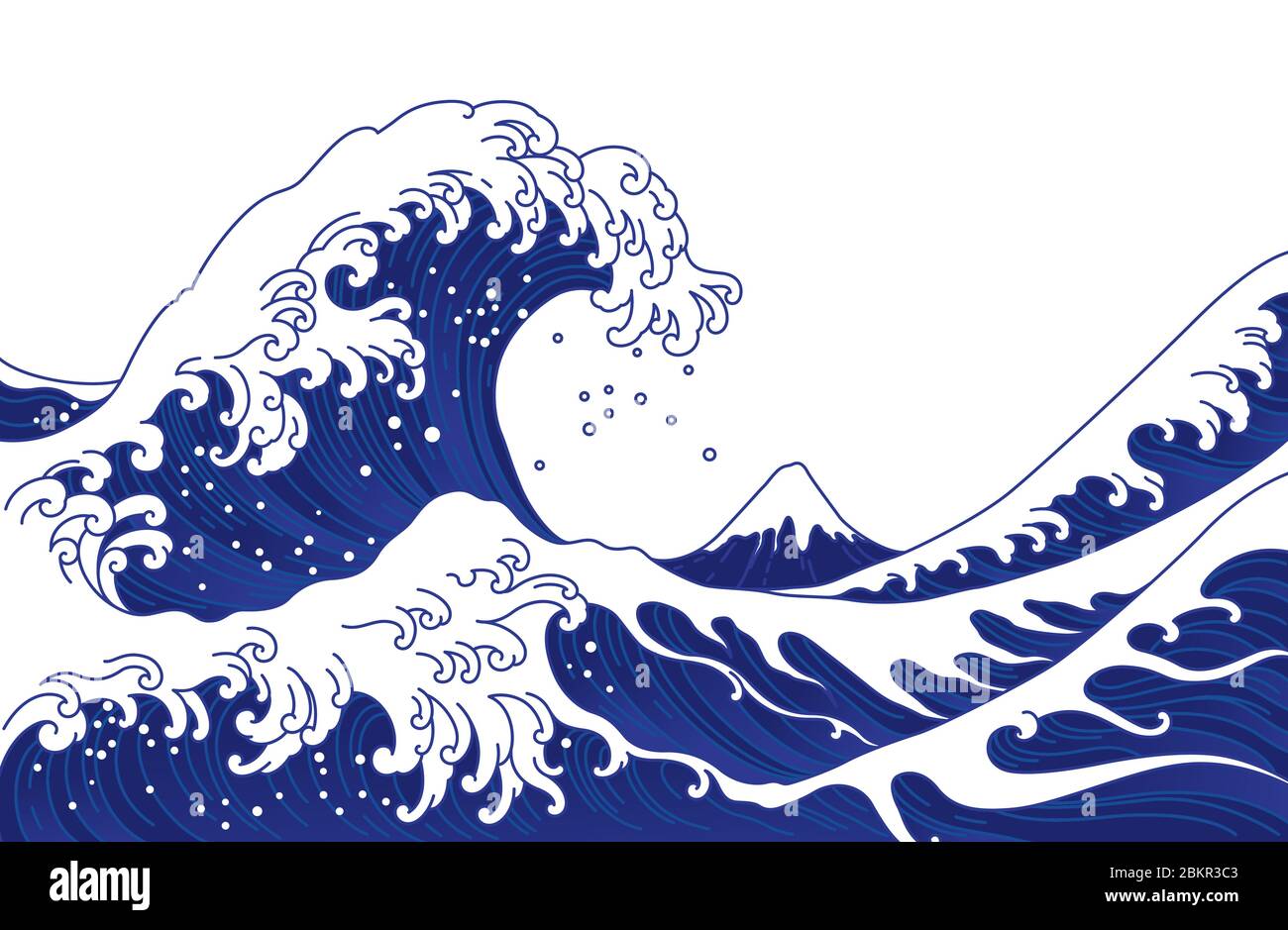 Grande onda asiatica dell'oceano e illustrazione della montagna. Isolato su sfondo bianco. Oceano di Kanagawa. Illustrazione Vettoriale