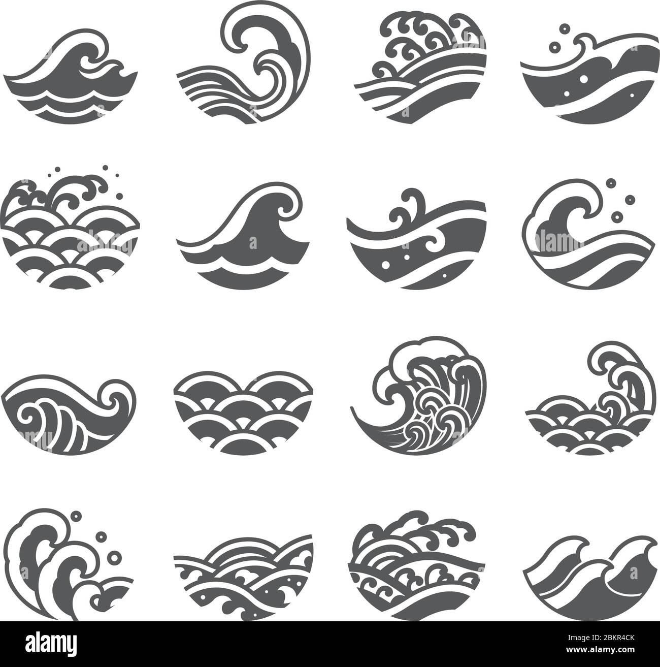 Set di icone di onde oceaniche. Stile moderno e tradizionale delle onde marine per logo, sport di surf, tatuaggio. Illustrazione Vettoriale