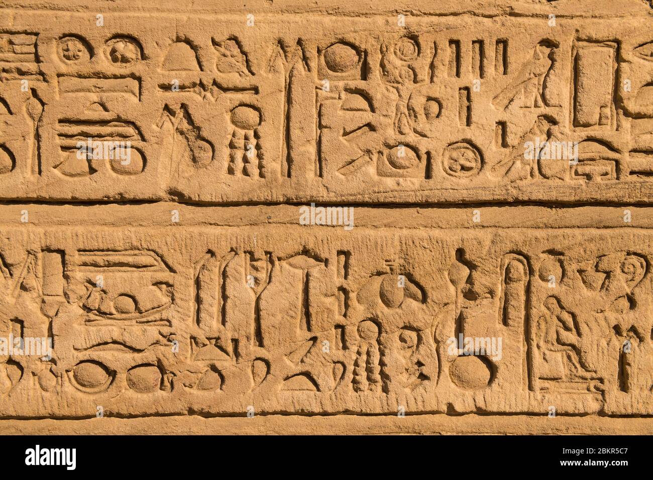 Egitto, Alto Egitto, valle del Nilo, Edfu, geroglifi sui bassorilievi del tempio di Horus Foto Stock