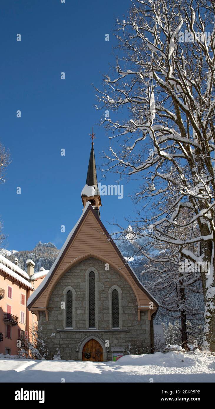 Francia, alta Savoia, massiccio del Monte Bianco, Chamonix Mont Blanc, il tempio protestante Foto Stock