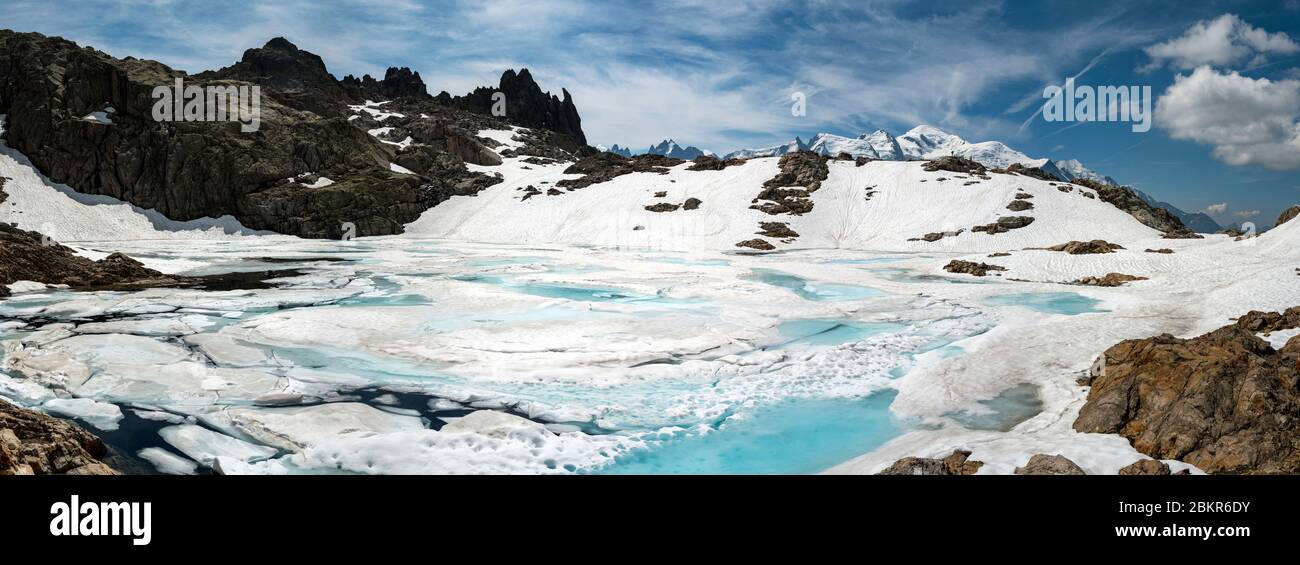 Francia, alta Savoia (74), Chamonix, Les Lacs Noirs, vista panoramica di uno dei due Lacs Noirs con il massiccio del Monte Bianco sullo sfondo Foto Stock