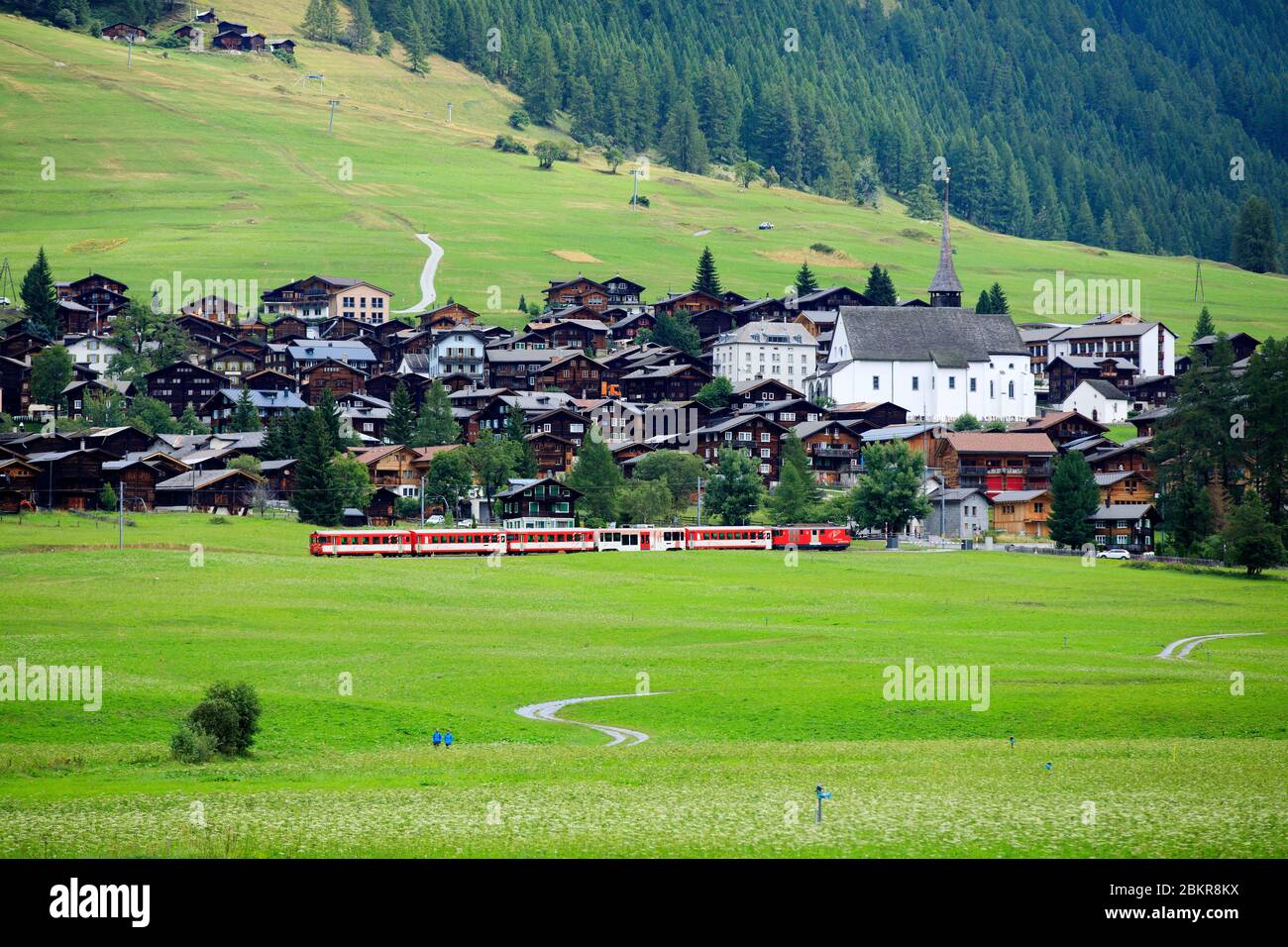 Svizzera, Cantone del Vallese, Munster, villaggio, treno in primo piano Foto Stock