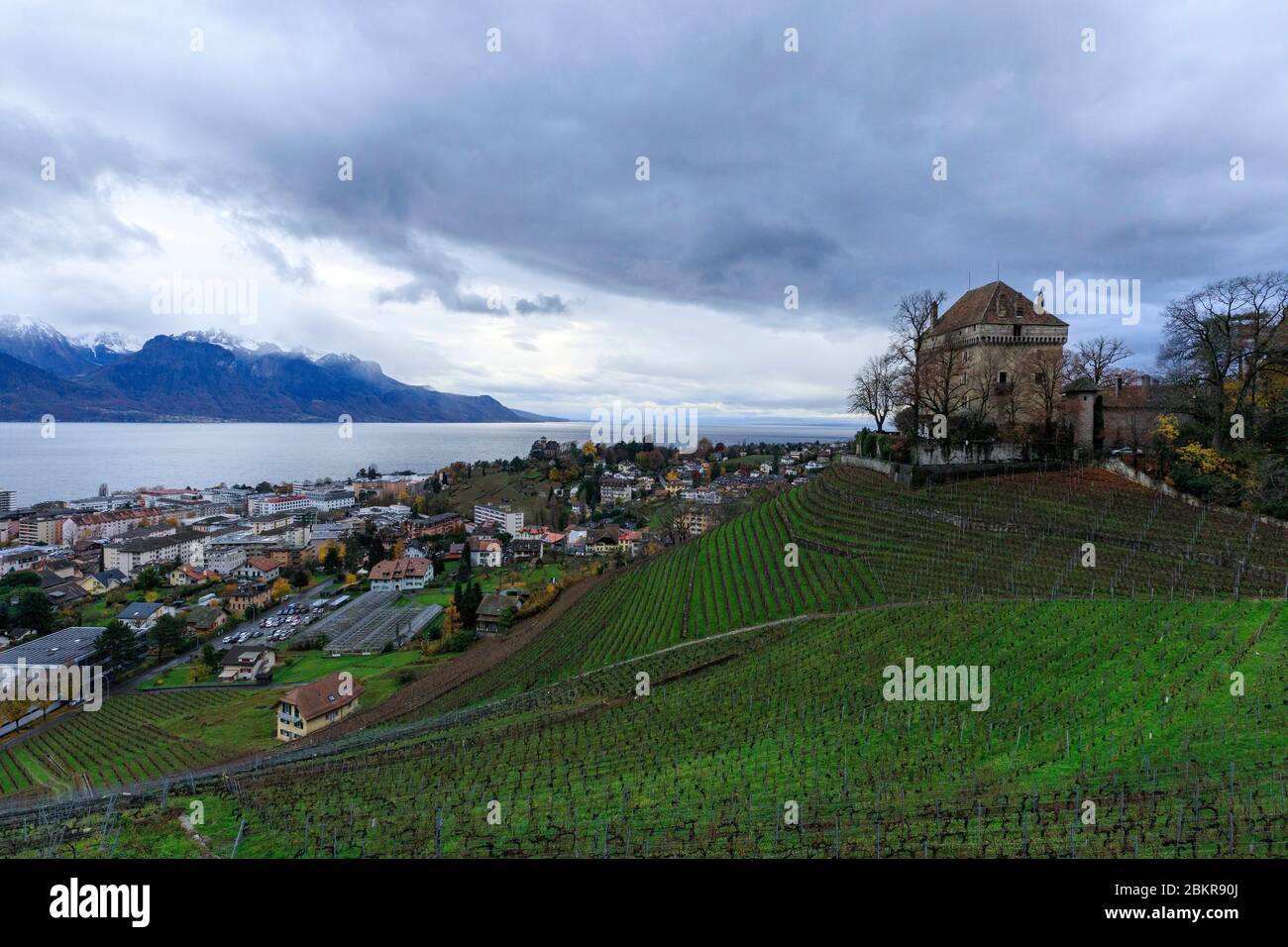 Svizzera, Canton Vaud, Montreux, Chatelard distretto, Chateau du Chatelard, Lago di Ginevra sullo sfondo Foto Stock