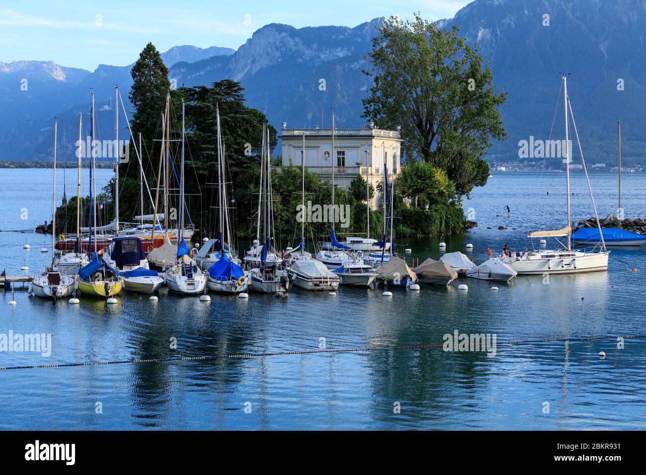 Svizzera, Canton Vaud, la Tour de Peliz, Lago di Ginevra, l'isola di Salagnon in primo piano Foto Stock