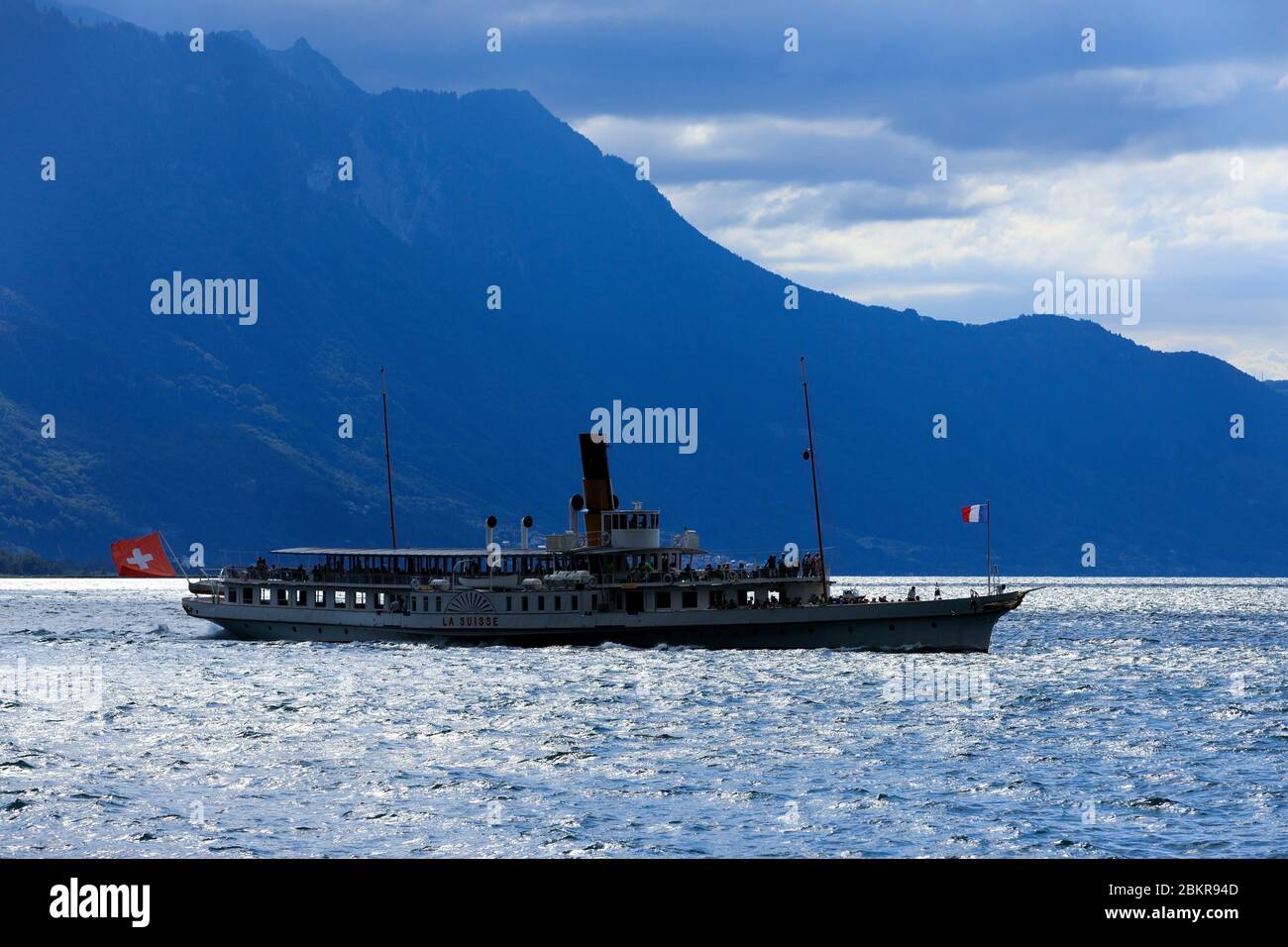 Svizzera, Canton Vaud, Villeneuve, Lago di Ginevra, barca Foto Stock