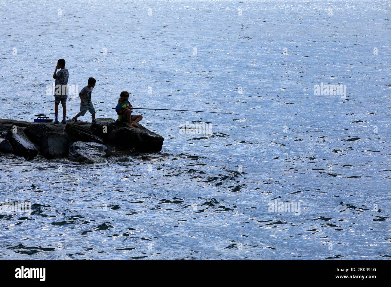 Svizzera, Cantone di Vaud, Villeneuve, Lago di Ginevra, pescatore Foto Stock