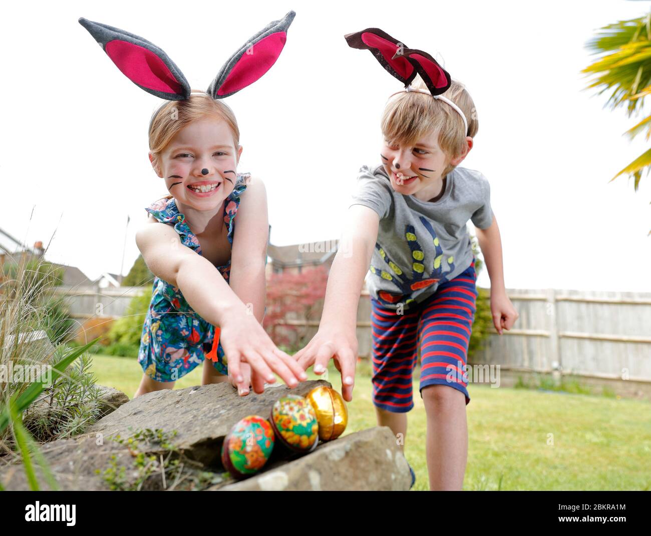Un fratello e una sorella, indossando la pittura facciale e le orecchie conigliate fatte in casa, prendere parte a una caccia all'uovo di Pasqua la Domenica di Pasqua nel loro giardino. Foto Stock
