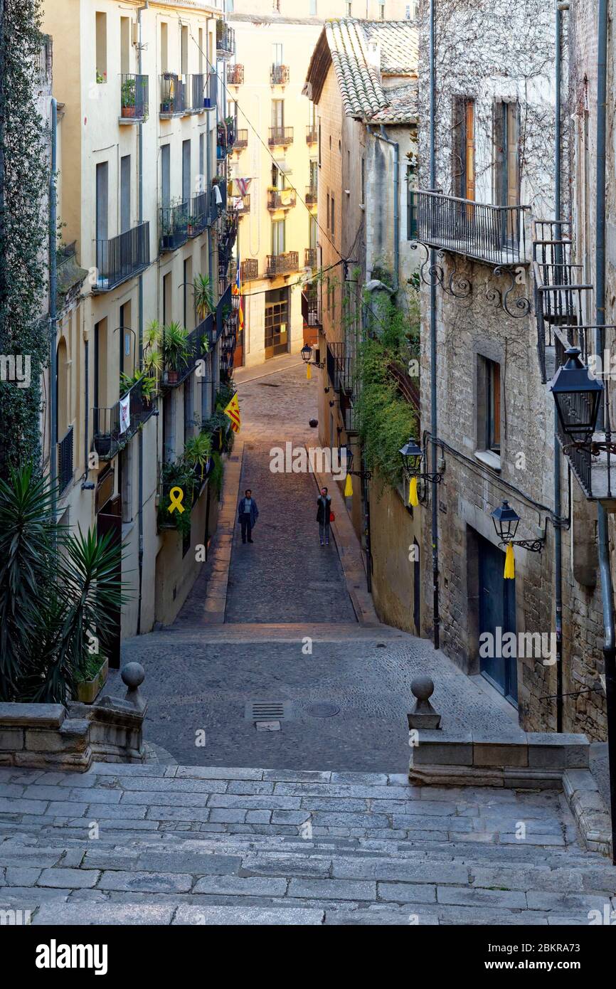 Spagna, Catalogna, Costa Brava, Girona, scale nel vecchio quartiere ebraico, Pujada de Sant Domenec Foto Stock