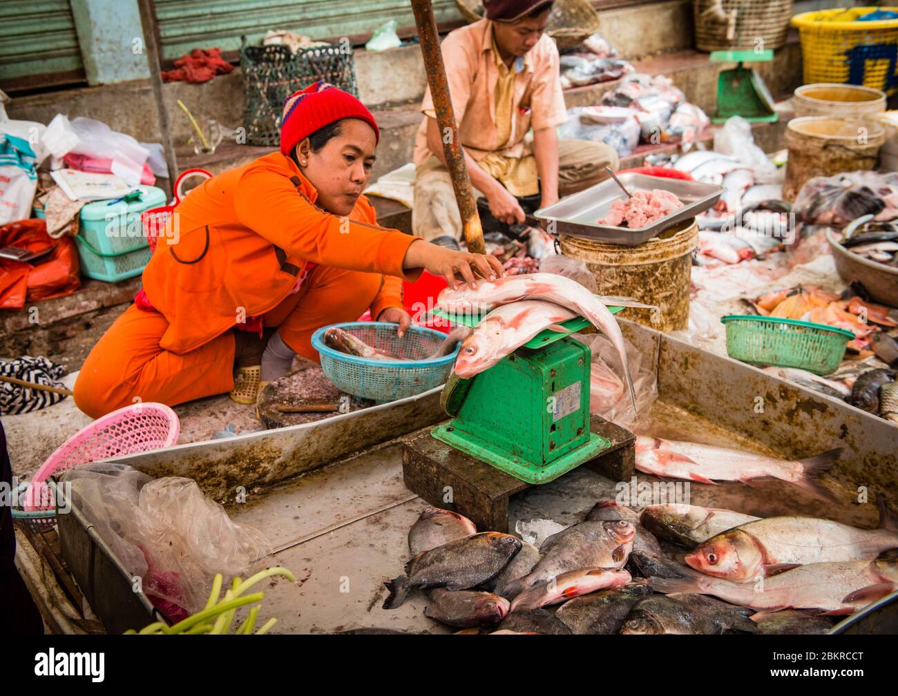 Cambogia, Siem Reap, venditori di pesce al mercato Foto Stock