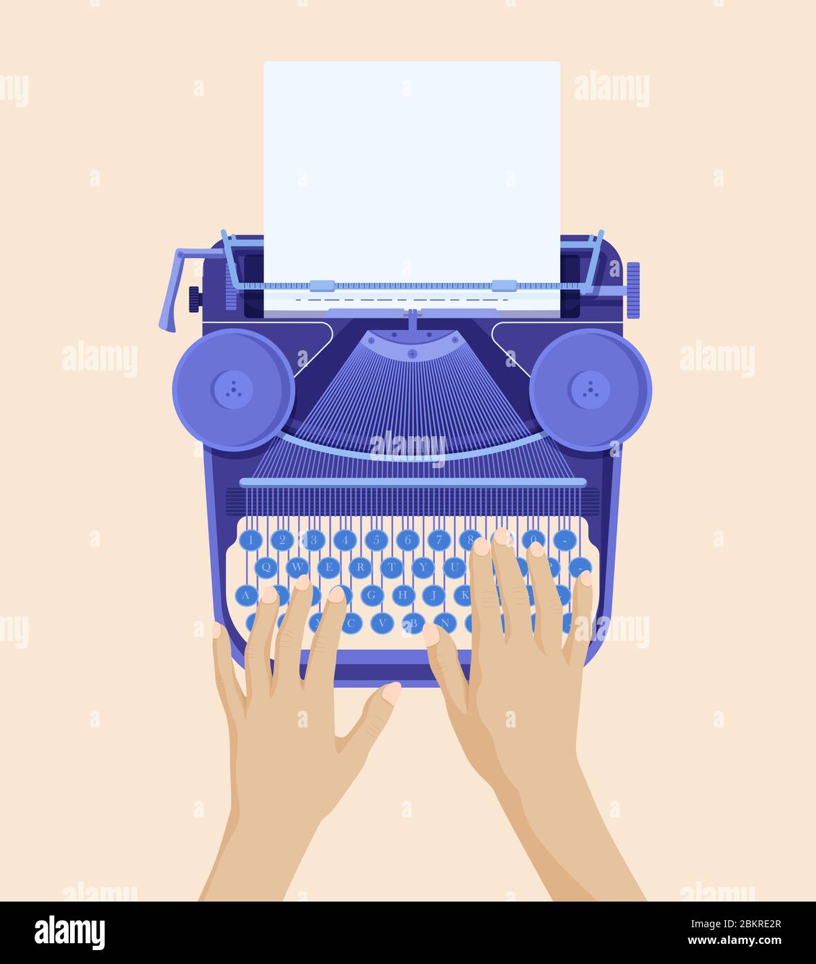 Mani che digitano su macchina da scrivere retrò. Stampa di carta bianca su vecchie informazioni su macchine a nastro. Illustrazione Vettoriale