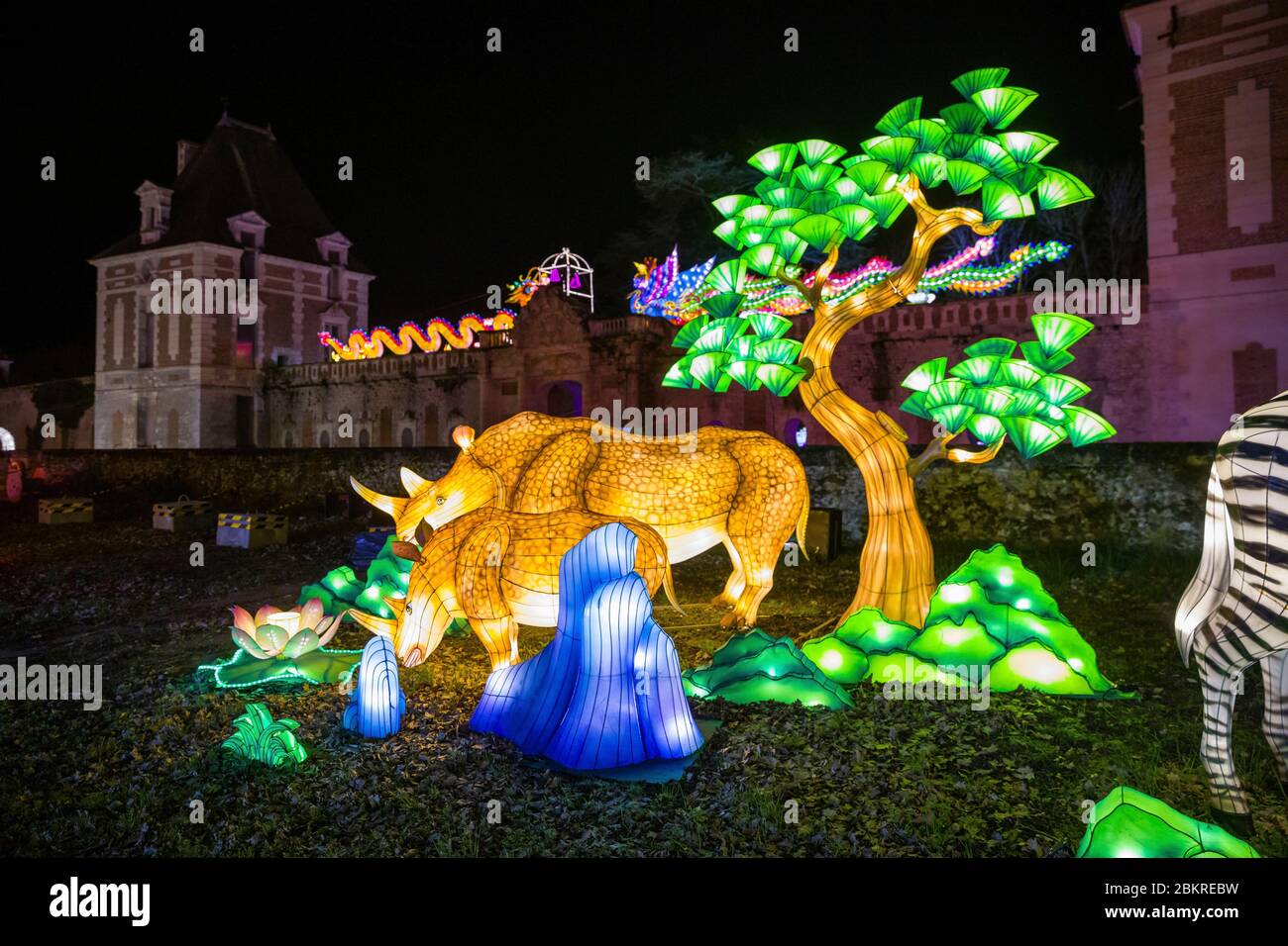 Francia, Loir-et-Cher, castello di Selles-sur-Cher, Festival delle luci celesti, Festival delle Lanterne cinesi), Qilin, animali mitici, mezzo drago, mezzo leone e tempio del cielo il festival celebra la cultura cinese originaria della dinastia Tang (618-907 d.C.) nella città di Zigong nella provincia di Sichuan. 103000 lampade illuminano sculture di animali, pagode e templi fatti a mano, realizzati in seta, carta, vetro e porcellana e dipinti sul posto Foto Stock