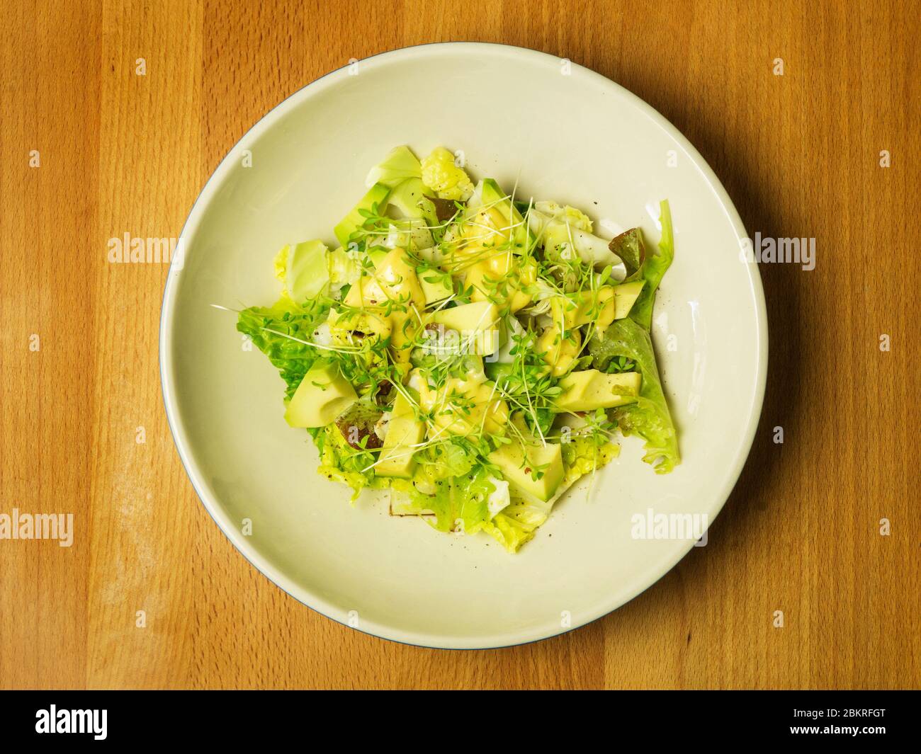 Insalata verde fresca di foglie di lattuga miste con pezzi di avocado e maionese fatte in casa con una guarnitura di cress Foto Stock