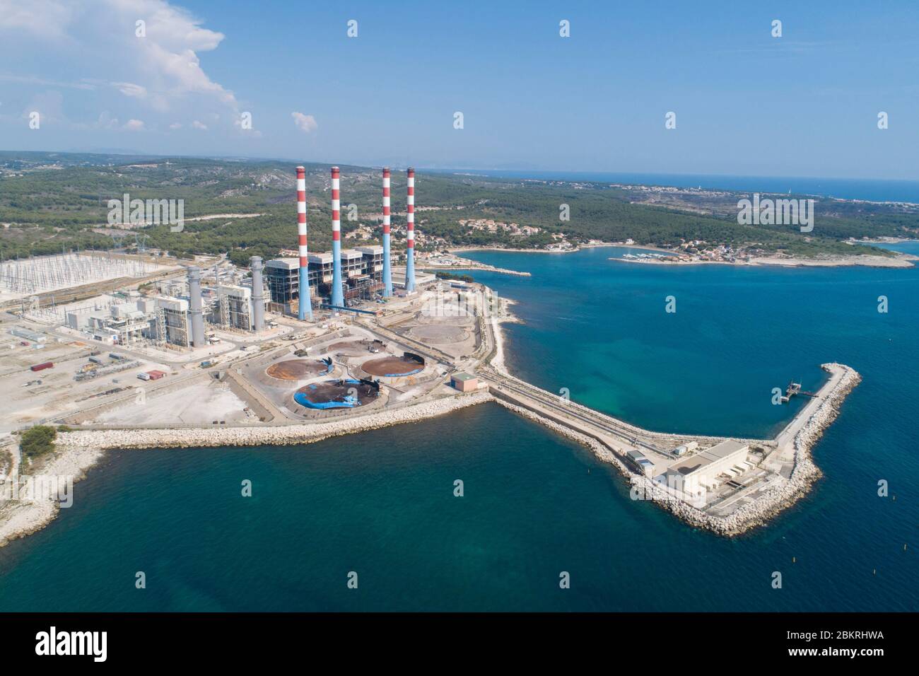 Francia, Bouches du Rhone, Martigues, EDF centrale termica gas Gaz de Martigues (vista aerea) Foto Stock