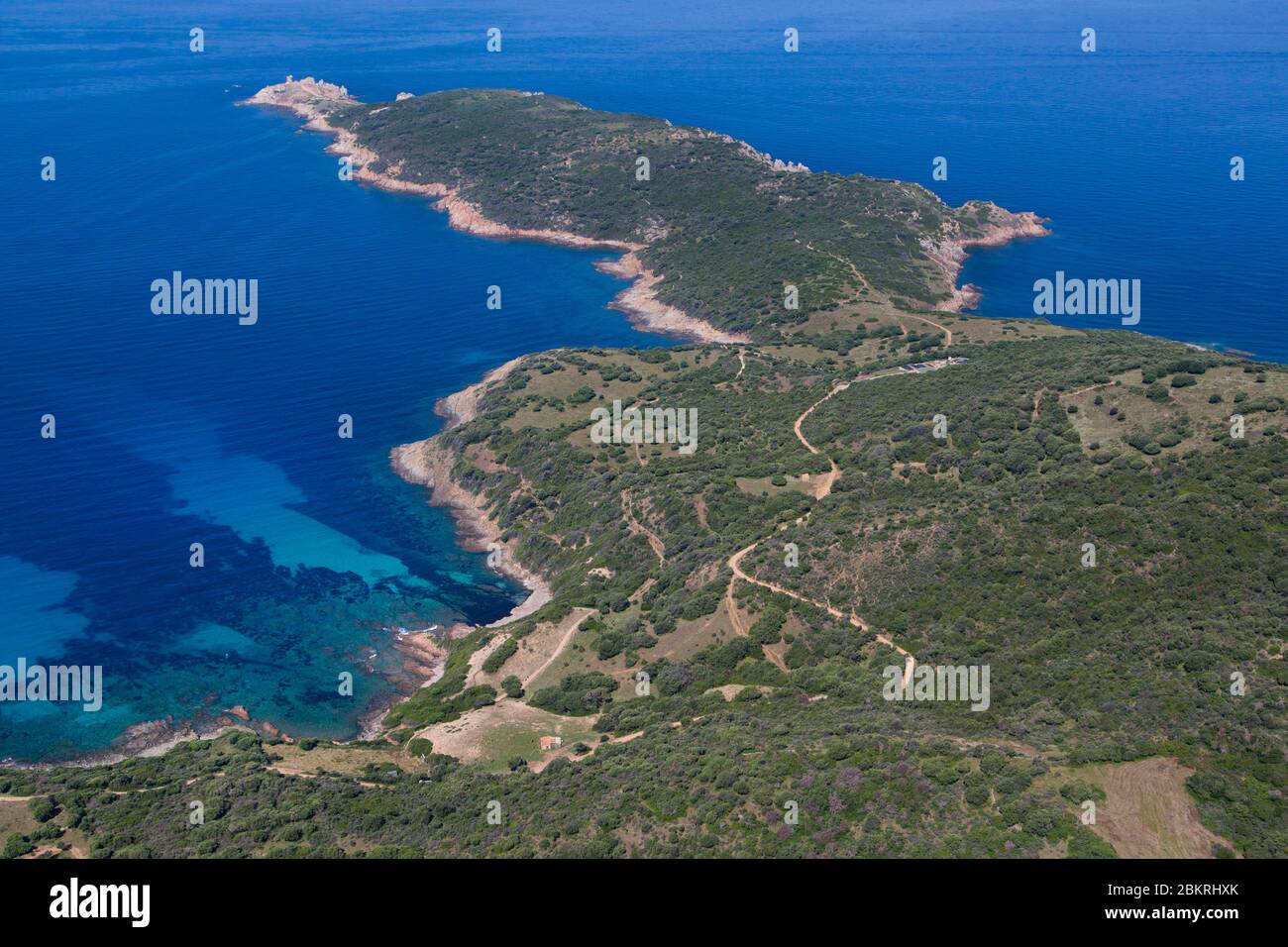 Francia. Corse du Sud, Golfo del Perù, comune di Cargese, punta di Omigna e torre genovese (vista aerea) Foto Stock
