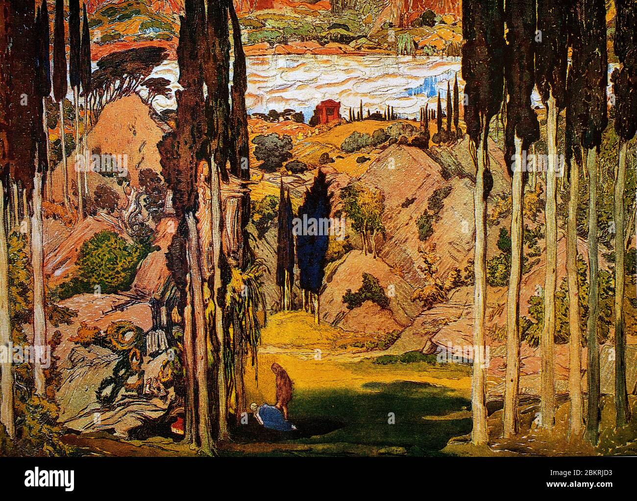 Set design per la prima scena della produzione Ballet russe di Daphnis e Chloe, di Maurice Ravel descritta come una 'Symphonie chorégraphique' eseguita presso l'Théâtre du Châtelet di Parigi, Francia nel 1912. Il set è stato progettato da Léon Bakst (1866-1924), pittore e scenografo russo di origine bielorussa. Foto Stock