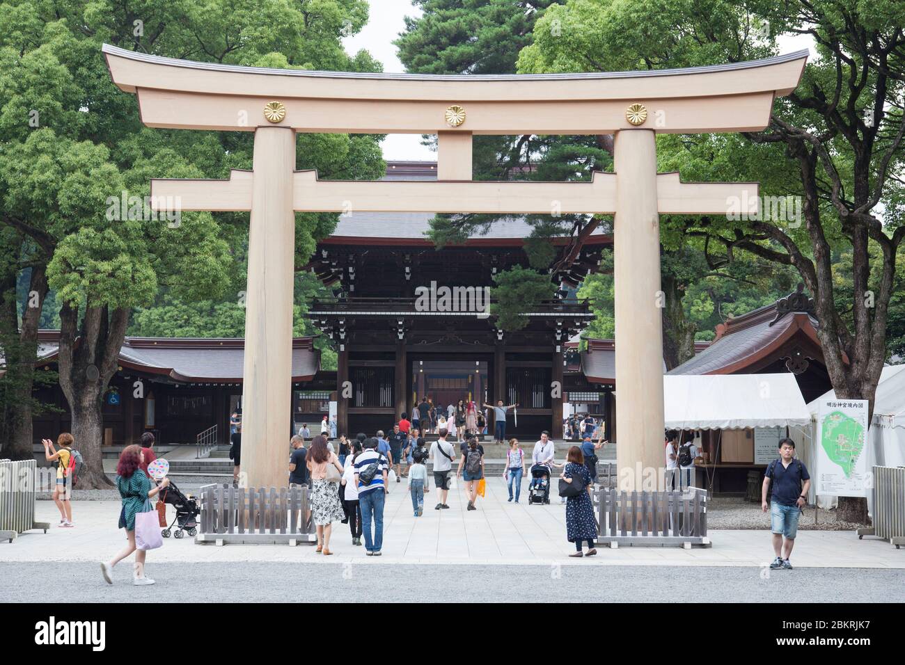 Giappone, Isola di Honshu, regione di Kanto, Tokyo, Shibuya uartier, Harajuku, tempio di Meiji Jingu, porta di legno di Torii Foto Stock